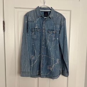 1975‎ Vintage Men's Blue Denim Distressed Pearl Snap Shirt
